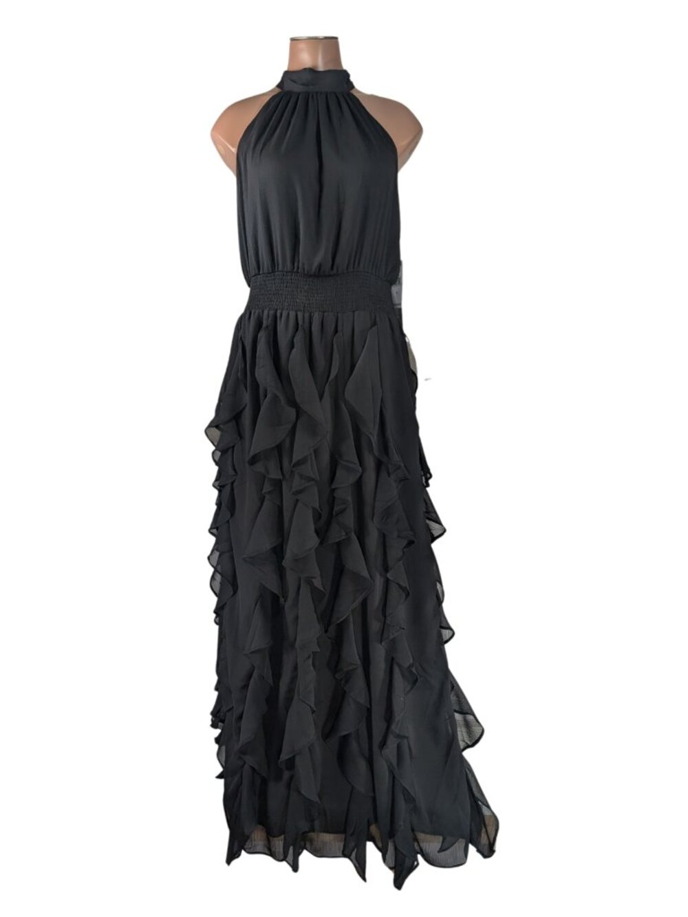 1.State Medium NWT Black Sleeveless Lined Ruffle Halter Formal Maxi Dress
